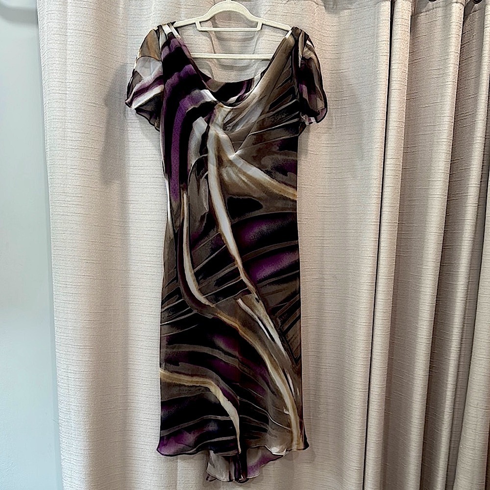 Purple and Gray Sheath Dress with Flutter Sleeves